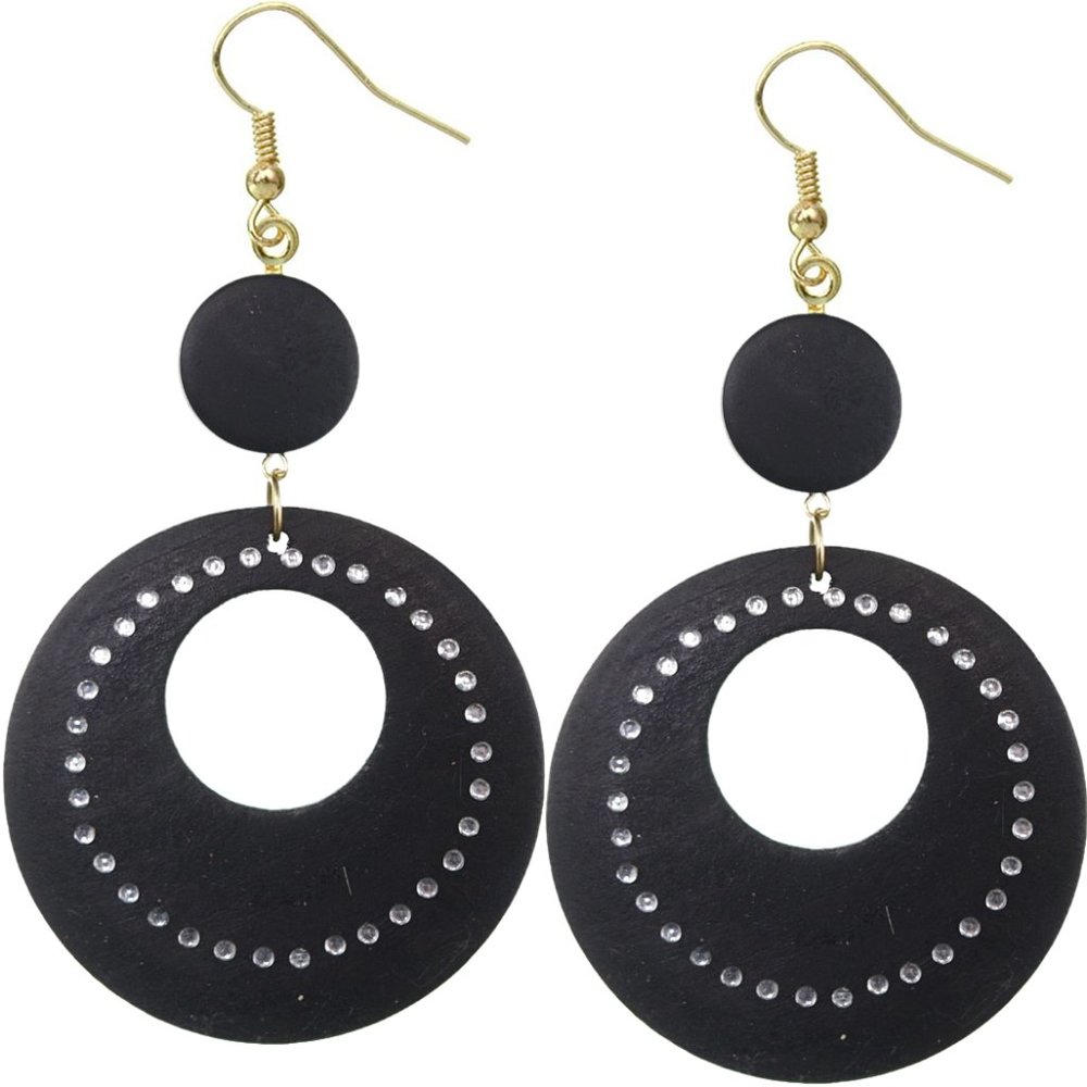 Black Wooden Gemstone Drop Hoop Earrings